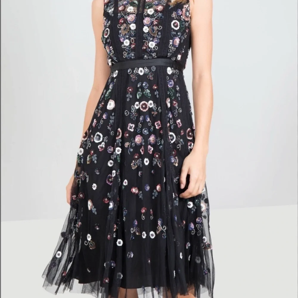 Needle & Thread Black and Pink Embellished Midi Dress - Picture 1 of 10